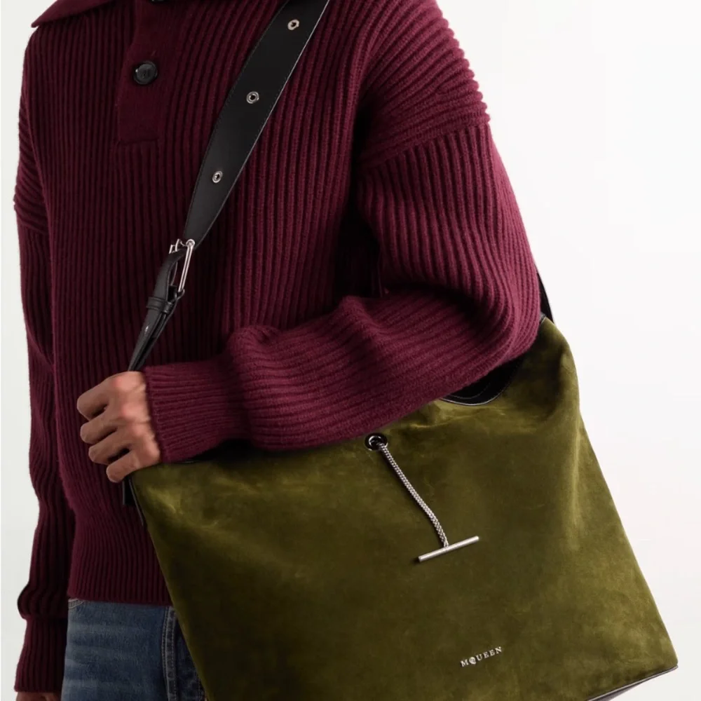 Alexander McQueen Pendant Leather Trimmed Suede Shoulder Bag $2600 SS26 - Picture 2 of 13